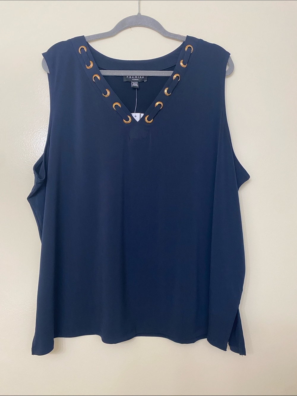Premise Navy V-Neck Sleeveless Top with Gold Grommets